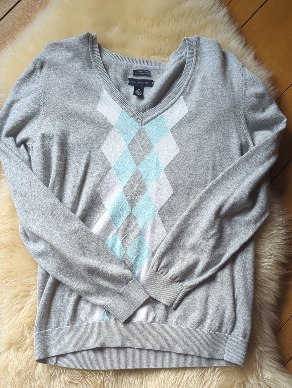 Tommy Hilfiger 100% Pima Cotton Light Grey V-Neck Sweater with Aqua Accents